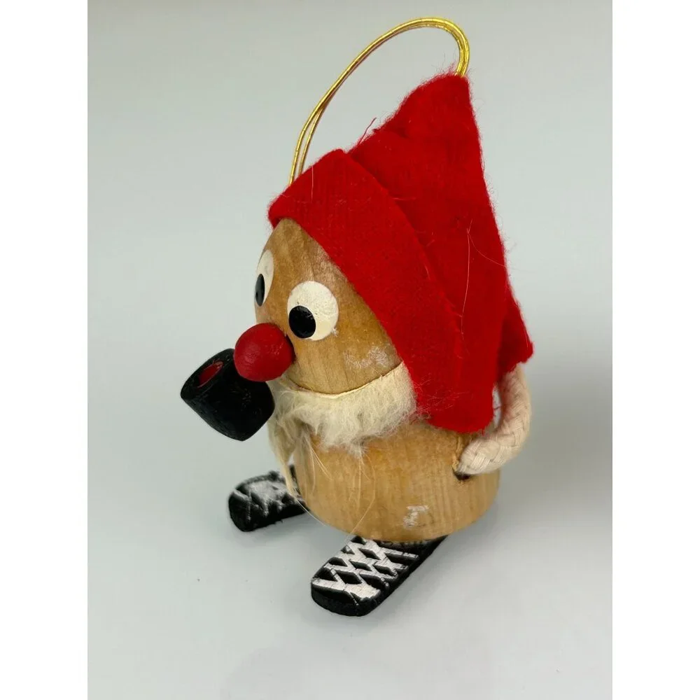 Made in Japan Wooden Skiing Gnomes Christmas Tree Ornaments Handmade Vintage Set